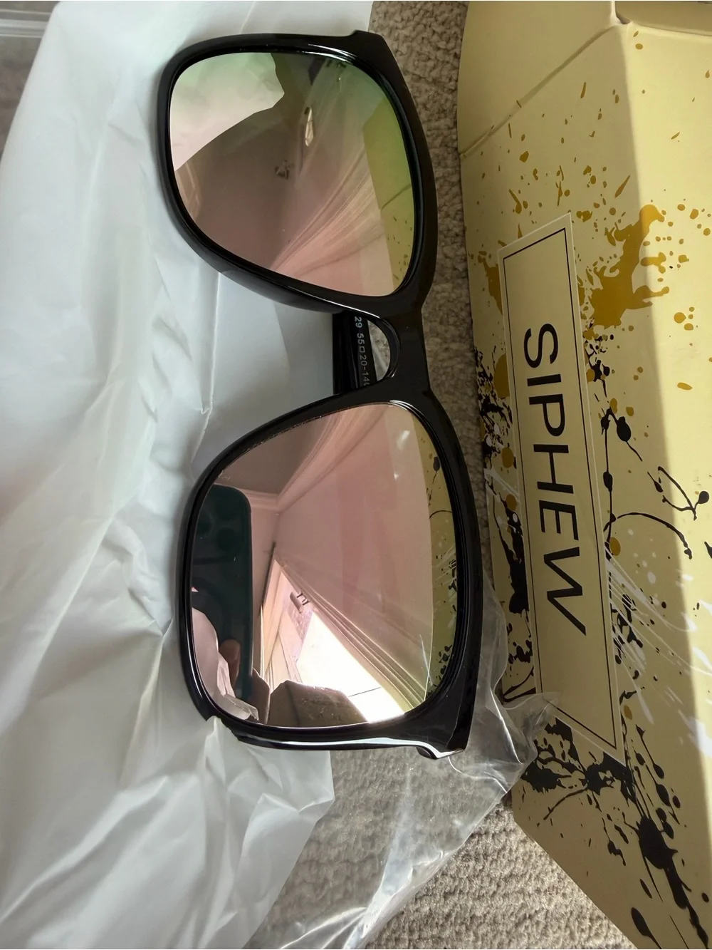 Women's Black Frame Sunglasses with Rose-Green Mirrored Lenses